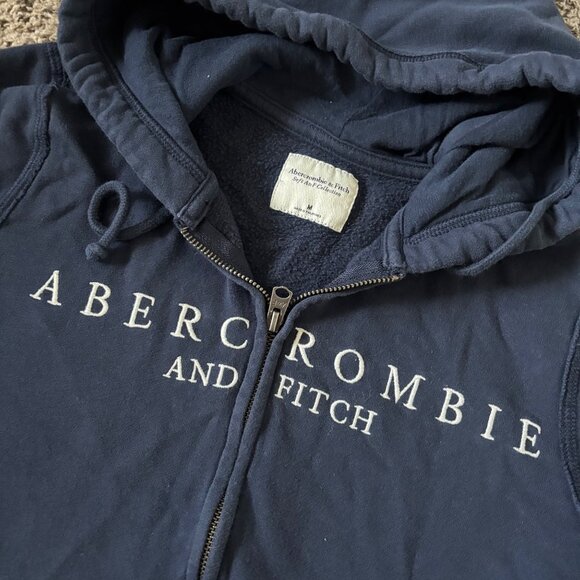 Abercrombie & Fitch Navy Blue Zip-Up Hoodie With Logo Print Lined Hood & Pockets - Picture 3 of 6